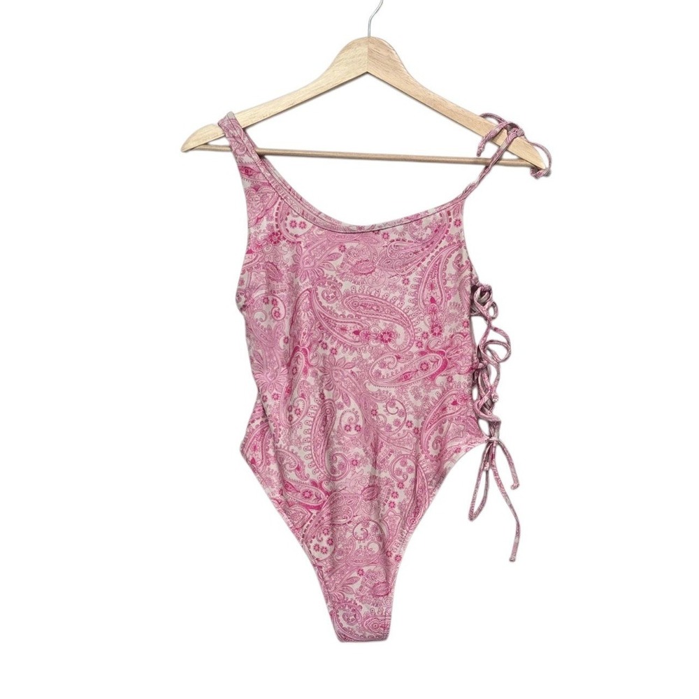 Frankies Bikinis Pink Paisley One Shoulder Lace Up One Piece Swimsuit Size Large
